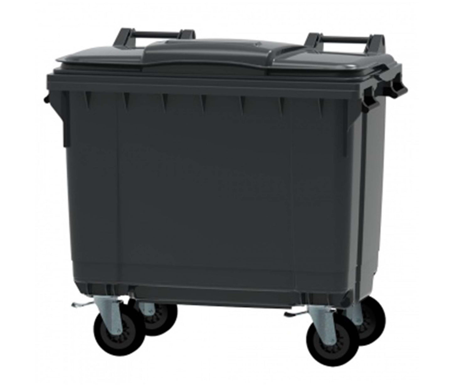 Conteneur 660 litres en polyéthylène haute densité avec 4 roues 200 mm, poignées sur toutes les faces et tourillons renforcés – bac industriel maniable et robuste