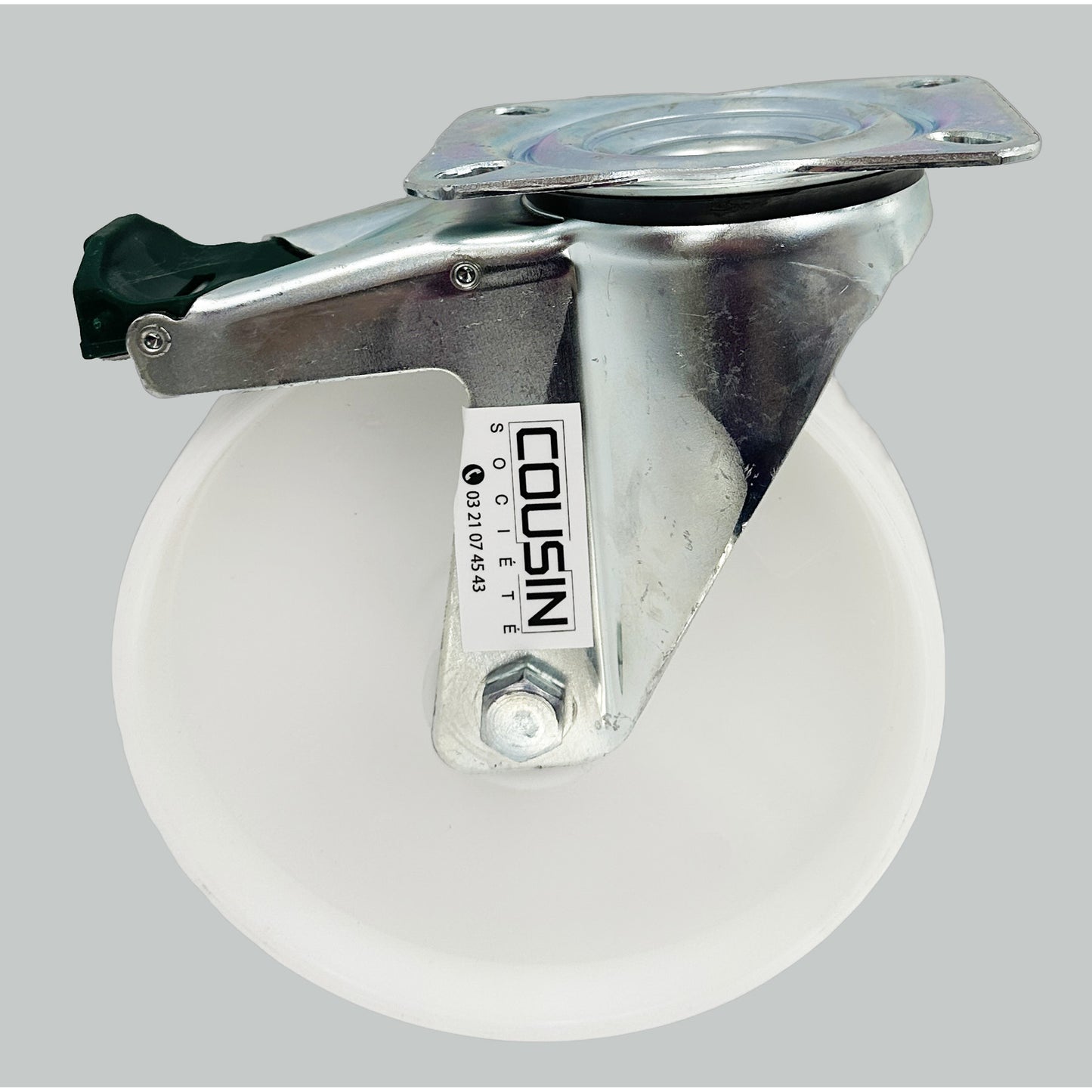 Roulette pivotante avec chape zinguée anticorrosion et frein mobile – diamètre 200 mm, roue en polypropylène renforcé, charge max. 250 kg, usage industriel ou professionnel