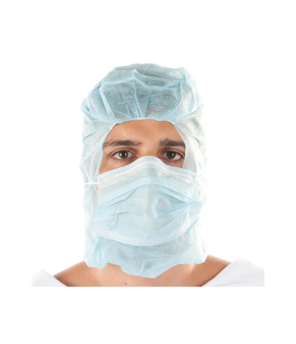 Masque type heaume jetable bleu, en polypropylène, avec cagoule intégrée et masque 3 plis, élastiques de maintien aux oreilles et sous le menton, barrette nasale anti-buée, idéal pour l’agroalimentaire, la restauration et les environnements industriels sensibles. Taille unique, vendu par sachet de 50 unités.