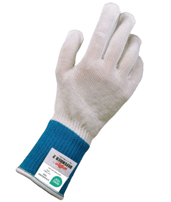 Gant de sécurité blanc DEFENDER 2, jauge 10, avec poignet bleu, tricoté en fibres Spectra® et inox, résistant aux coupures, à l’abrasion et à l’usure, certifié contact alimentaire, lavable jusqu’à 50 fois, conforme à la norme EN388+A1:2018.