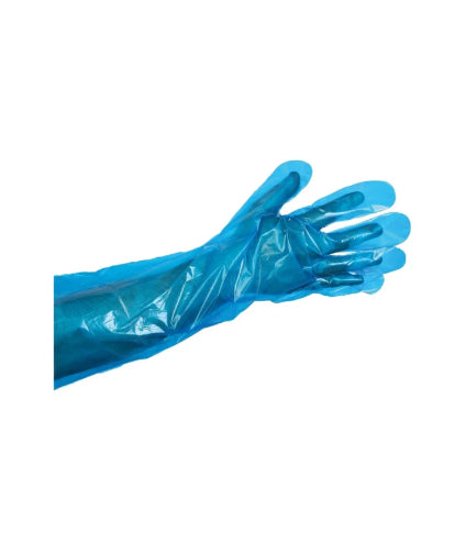 Gants jetables bleus en polyéthylène, longueur épaules 88 cm, pour protection contre humidité et salissures, ajustement lâche, adaptés à la préparation alimentaire ou environnements sensibles. Conditionnés par lot de 100.