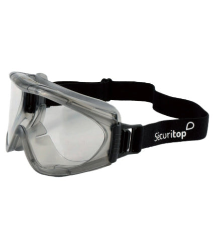 Lunette-masque panoramique Sécuritop incolore avec écran antibuée et anti-rayures, monture PVC souple et ventilation indirecte, compatible avec lunettes correctrices et demi-masque, idéale en milieu industriel ou agroalimentaire.
