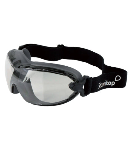 Lunette-masque panoramique Sécuritop D ultra légère (74 g), avec écran polycarbonate antibuée et anti-rayures, monture bi-matière souple et rigide, offrant protection UV et mécanique, compatible avec demi-masque et lunettes de vue.