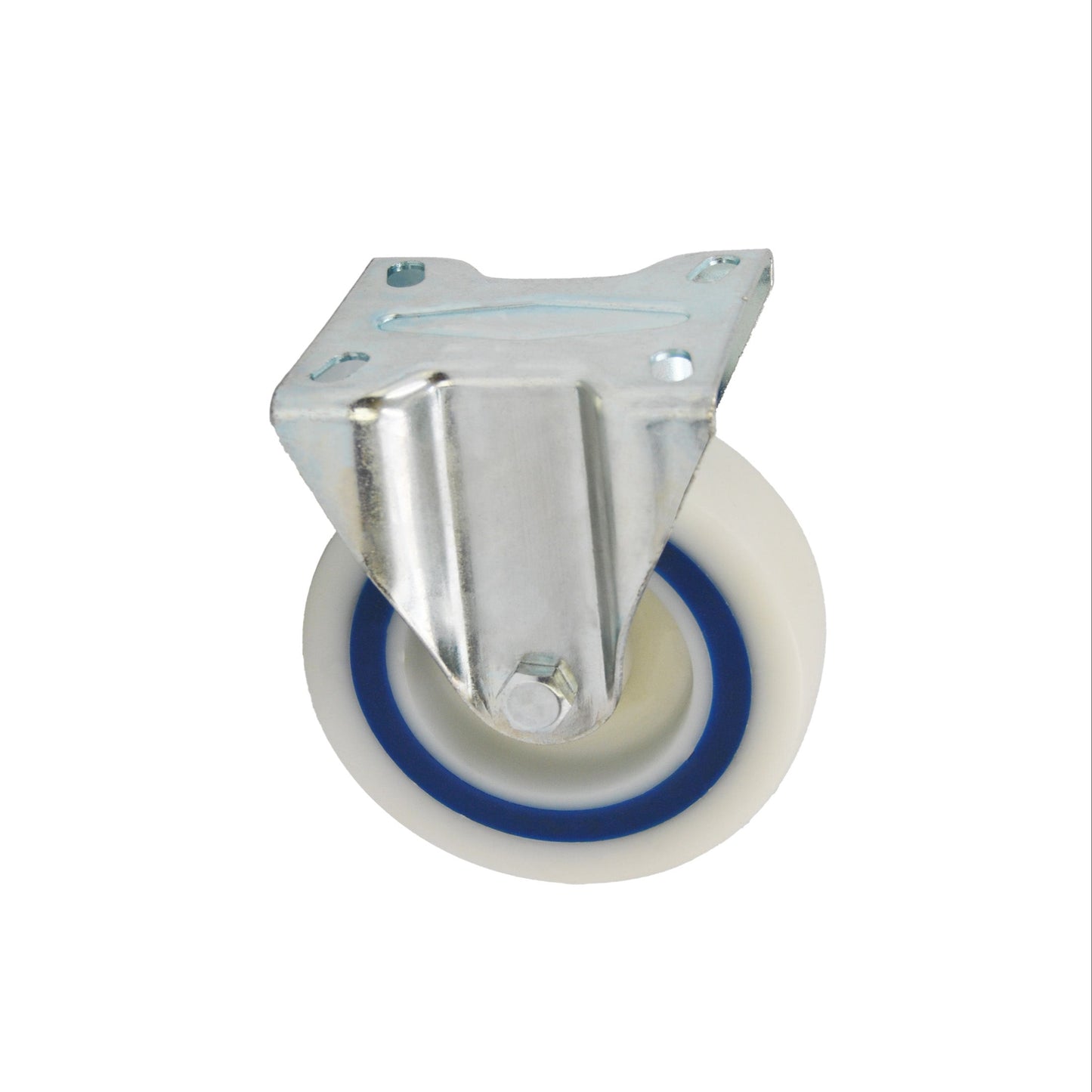 Roulette pivotante industrielle 125 mm à platine – roue en polyamide avec bande de roulement en caoutchouc injecté, chape zinguée résistante à la corrosion, charge 200 kg