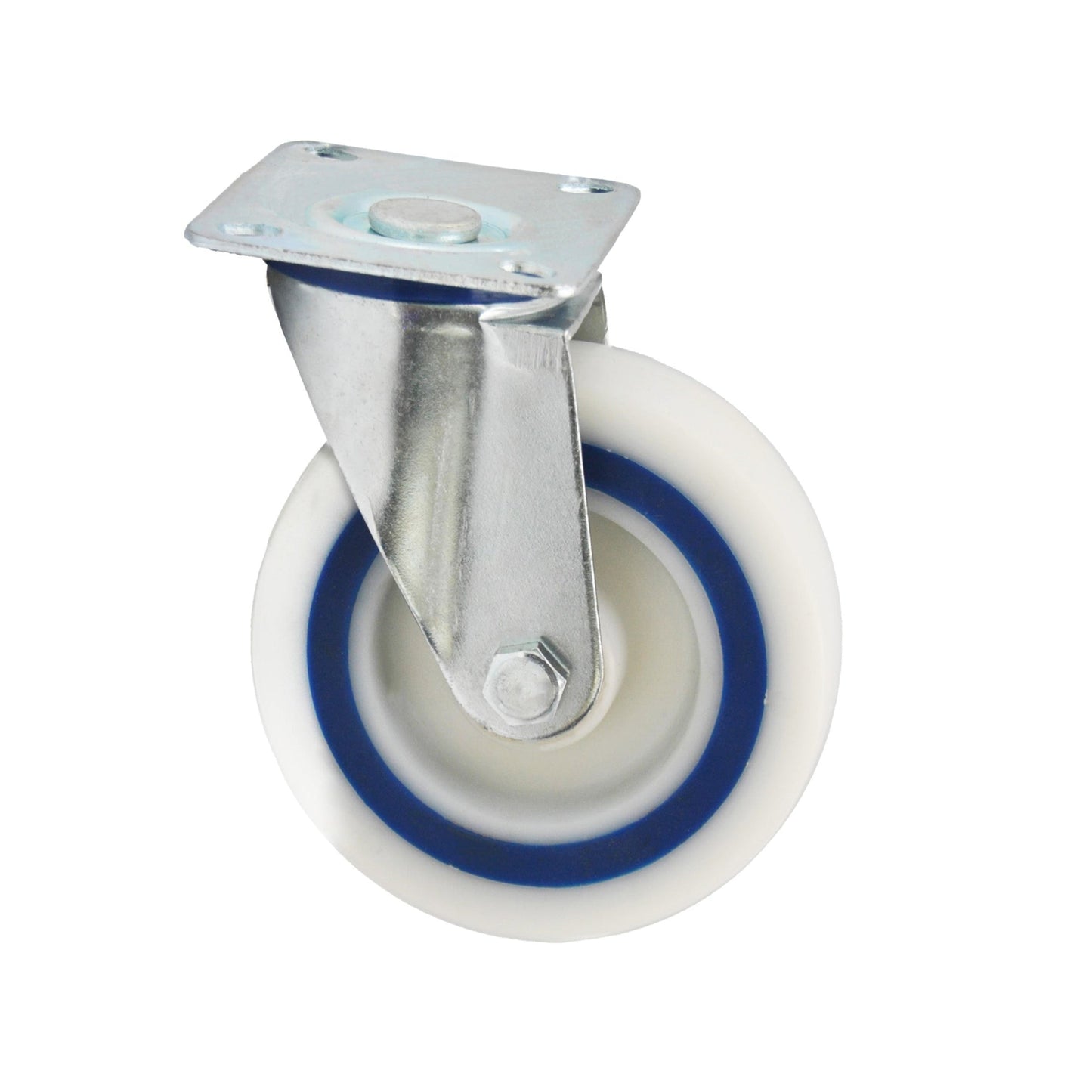 Roulette pivotante industrielle 125 mm à platine – roue en polyamide avec bande de roulement en caoutchouc injecté, chape zinguée résistante à la corrosion, charge 200 kg