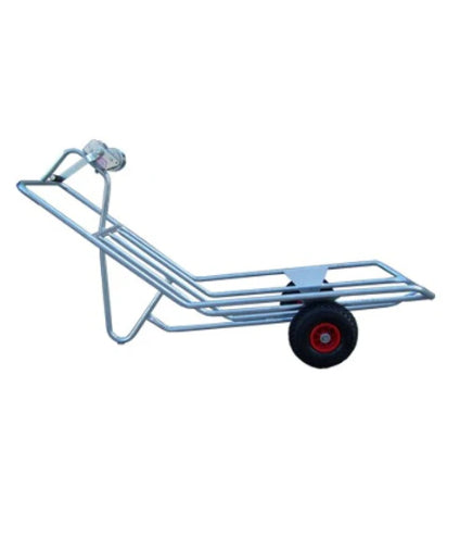 Chariot à cadavre en acier galvanisé à chaud, dimensions 160 × 52 × 87 cm, équipé d’un treuil automatique et de roues pneumatiques, conçu pour le transport hygiénique des porcs, veaux et animaux intermédiaires en milieu agricole.