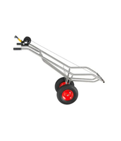 Chariot à cadavre en acier inoxydable avec treuil autochargeur, dimensions 178 × 49 × 145 cm, équipé de roues pneumatiques, conçu pour le transport hygiénique des animaux morts en exploitation agricole.