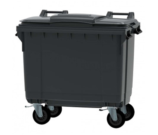 Conteneur 660 litres en polyéthylène haute densité avec 4 roues 200 mm, poignées sur toutes les faces et tourillons renforcés – bac industriel maniable et robuste