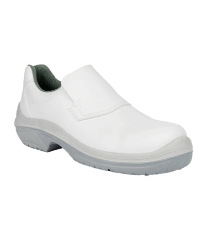 Chaussure de sécurité ALBA S2 sans lacets, en microfibre Dry-Tek® hydrofuge et lavable, avec embout composite 200 J, semelle antidérapante bi-densité, compatible milieux médicaux, logistiques et agroalimentaires, conforme norme S2 EN ISO 20345:2022.