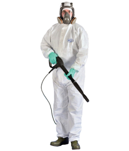 Combinaison blanche de protection ES-30R2 en laminé microporeux, antistatique et résistante aux liquides et particules, avec capuche, poignets et chevilles élastiqués, fermeture zippée sous rabat, conforme aux normes EN13034, EN14126 et Catégorie III – Type 5/6.