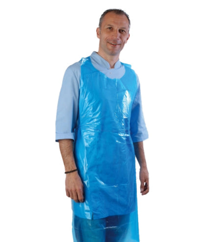 Tablier jetable bleu en polyéthylène 35 μ, taille 74×140 cm, avec fixations par languettes, offrant une protection hygiénique contre les projections en milieux agroalimentaires, médicaux et industriels. Conforme au règlement Plastiques (UE) N° 10/2011.