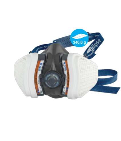 Demi-masque ELIPSE A2P3 R compact et ergonomique avec filtres HESPA intégrés, offrant une protection respiratoire renforcée contre gaz, vapeurs organiques/inorganiques, poussières fines et brouillards toxiques, adapté aux environnements industriels exigeants.