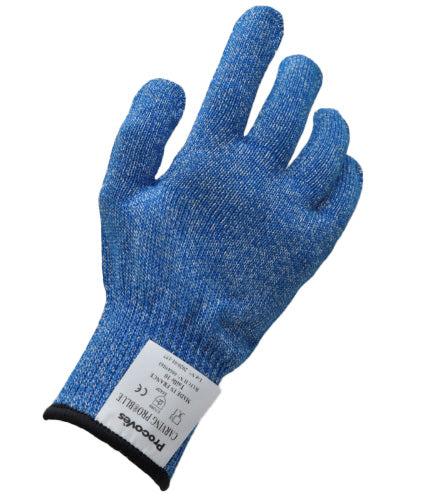 Gant de protection CARVING PRO BLUE en fibres Spectra® et polyester, bleu, résistant aux coupures et à l’abrasion, certifié contact alimentaire, lavable jusqu’à 30 fois, avec poignet élastique pour maintien optimal.