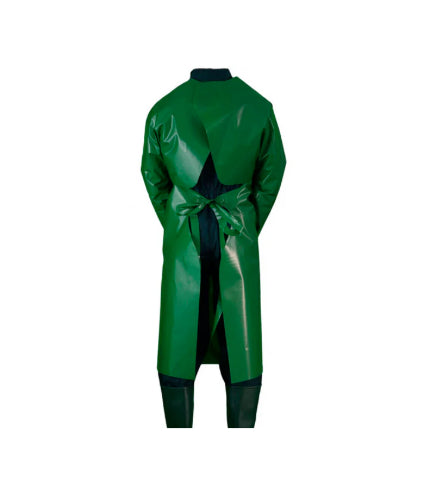 Tablier phytosanitaire long en polyéthylène, taille unique couvrant jusqu’aux bottes et le dos, avec manches longues à scratch, conçu pour protéger contre les produits chimiques non dilués en agriculture et viticulture. Conforme EN ISO 13688, 27065 et 14605.