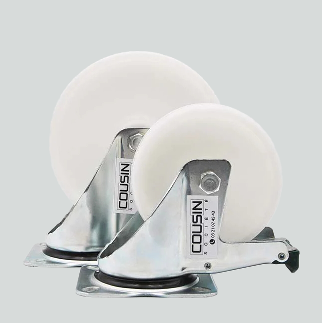 Roulette pivotante avec chape zinguée anticorrosion et frein mobile – diamètres 150 mm et 200 mm, roue en polypropylène renforcé, charge max. 250 kg, usage industriel ou professionnel