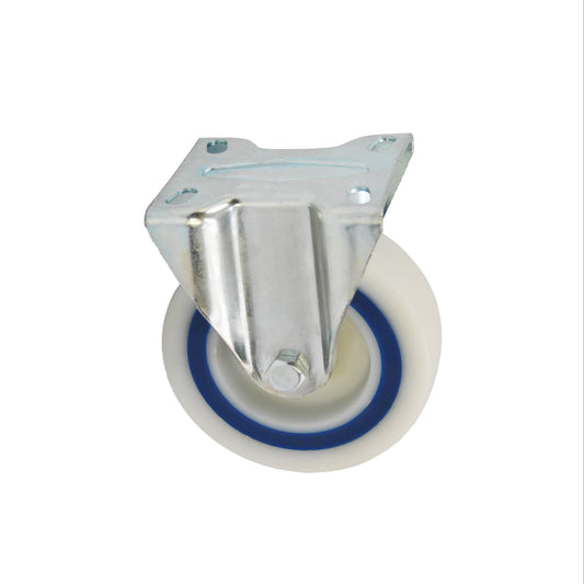 Roulette pivotante industrielle 125 mm à platine – roue en polyamide avec bande de roulement en caoutchouc injecté, chape zinguée résistante à la corrosion, charge 200 kg