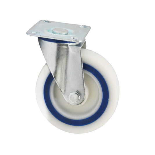 Roulette pivotante industrielle 125 mm à platine – roue en polyamide avec bande de roulement en caoutchouc injecté, chape zinguée résistante à la corrosion, charge 200 kg